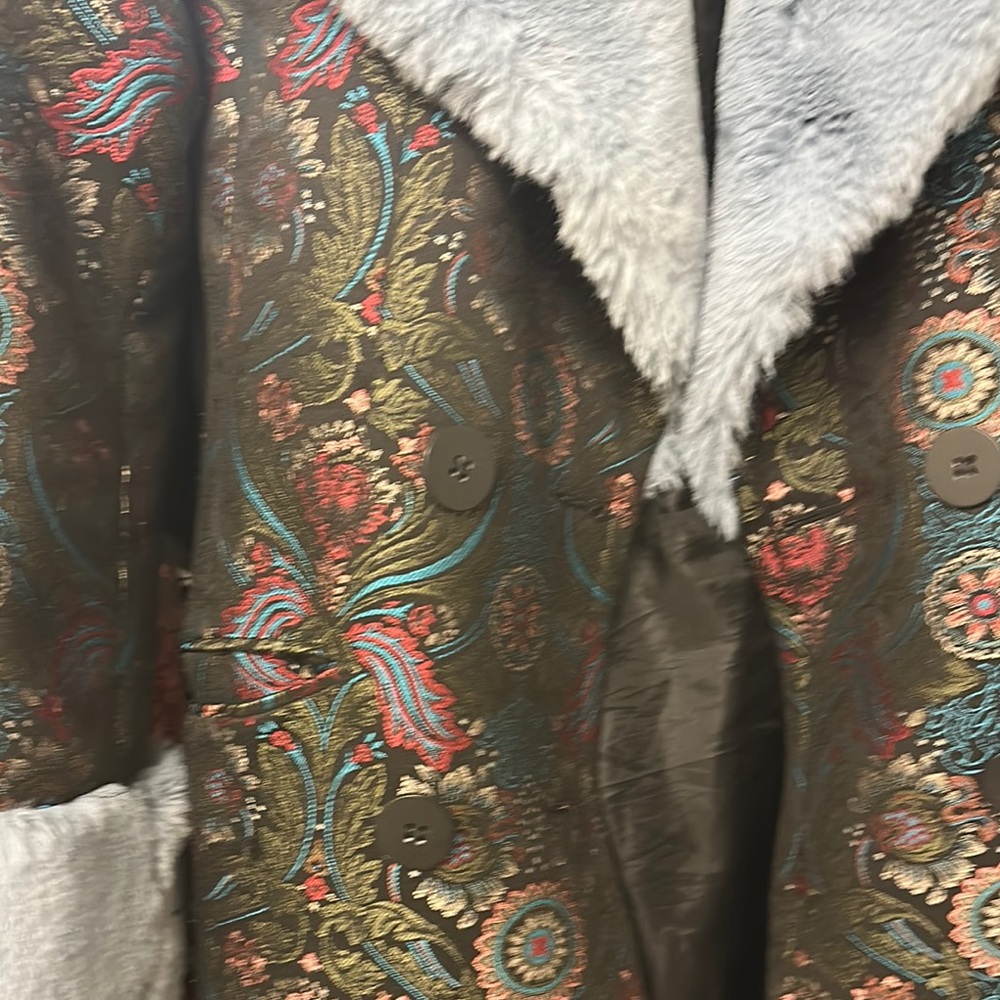 Elegant baby Blue faux fur neck and cuffs Patterned Women's Coat midi size 0 - Picture 4 of 10